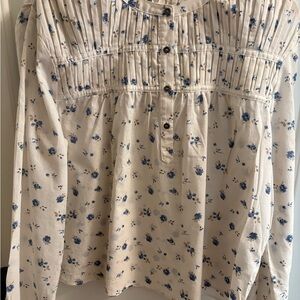 Floral Button-Down Blouse - White and Blue